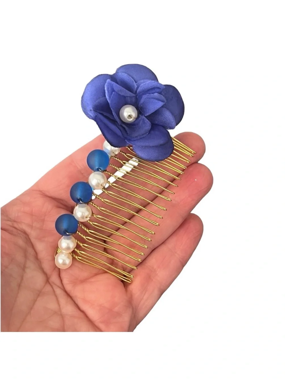 Gold Hair Comb with Blue Flower and Pearls - Women's Accessory FINAL PRICE DROP